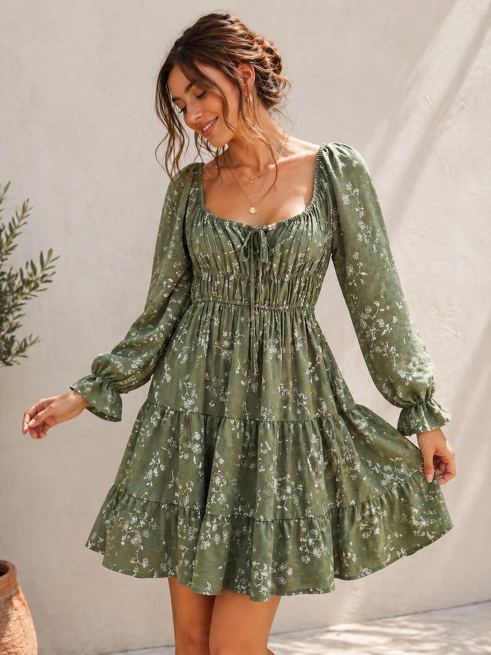 Liberty Love Cottagecore Floral Green Mini Dress Smocked Boho Romantic